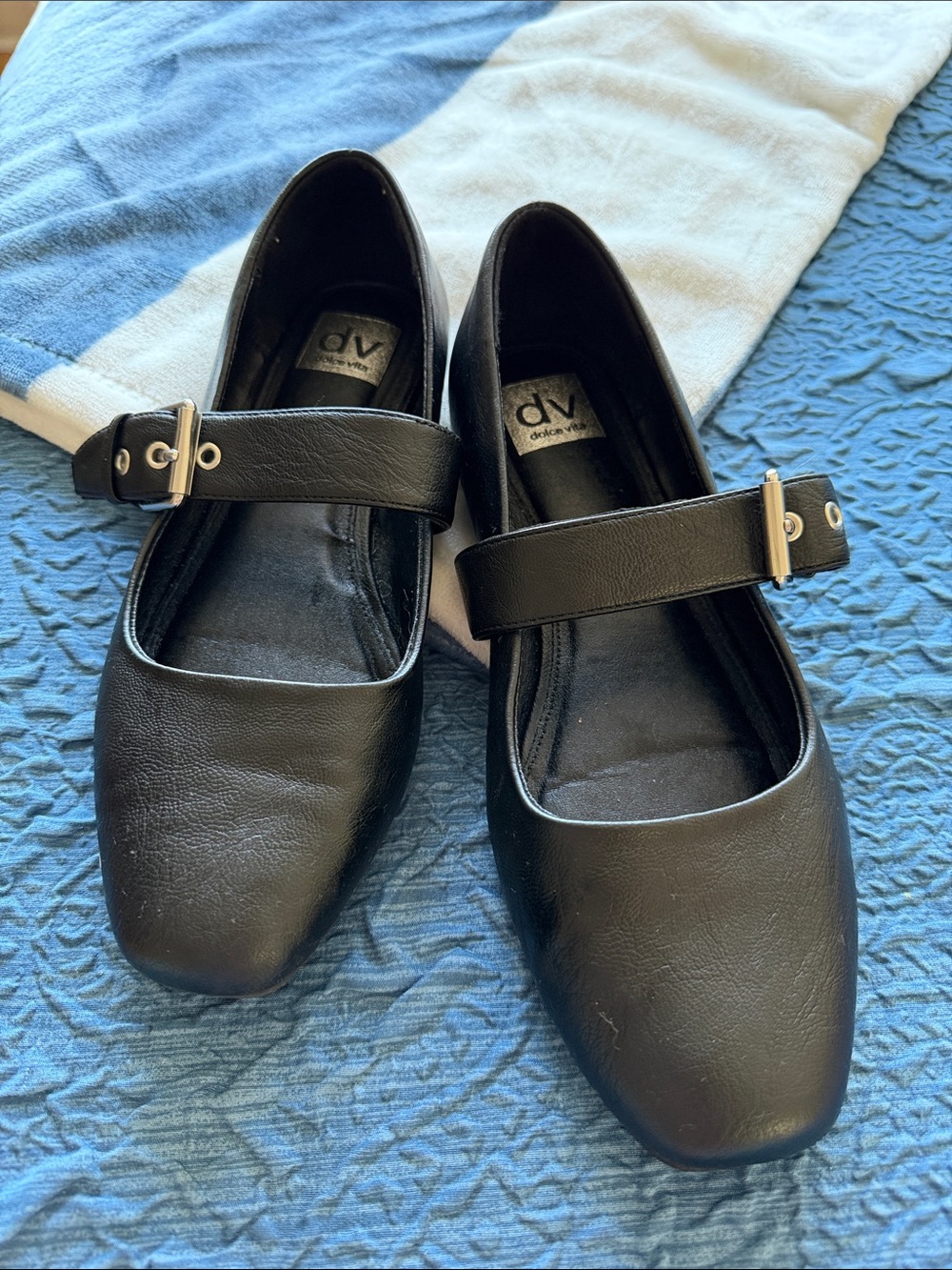 DV by Dolce Vita Black Faux Leather Mary Jane Flats with Buckle Strap